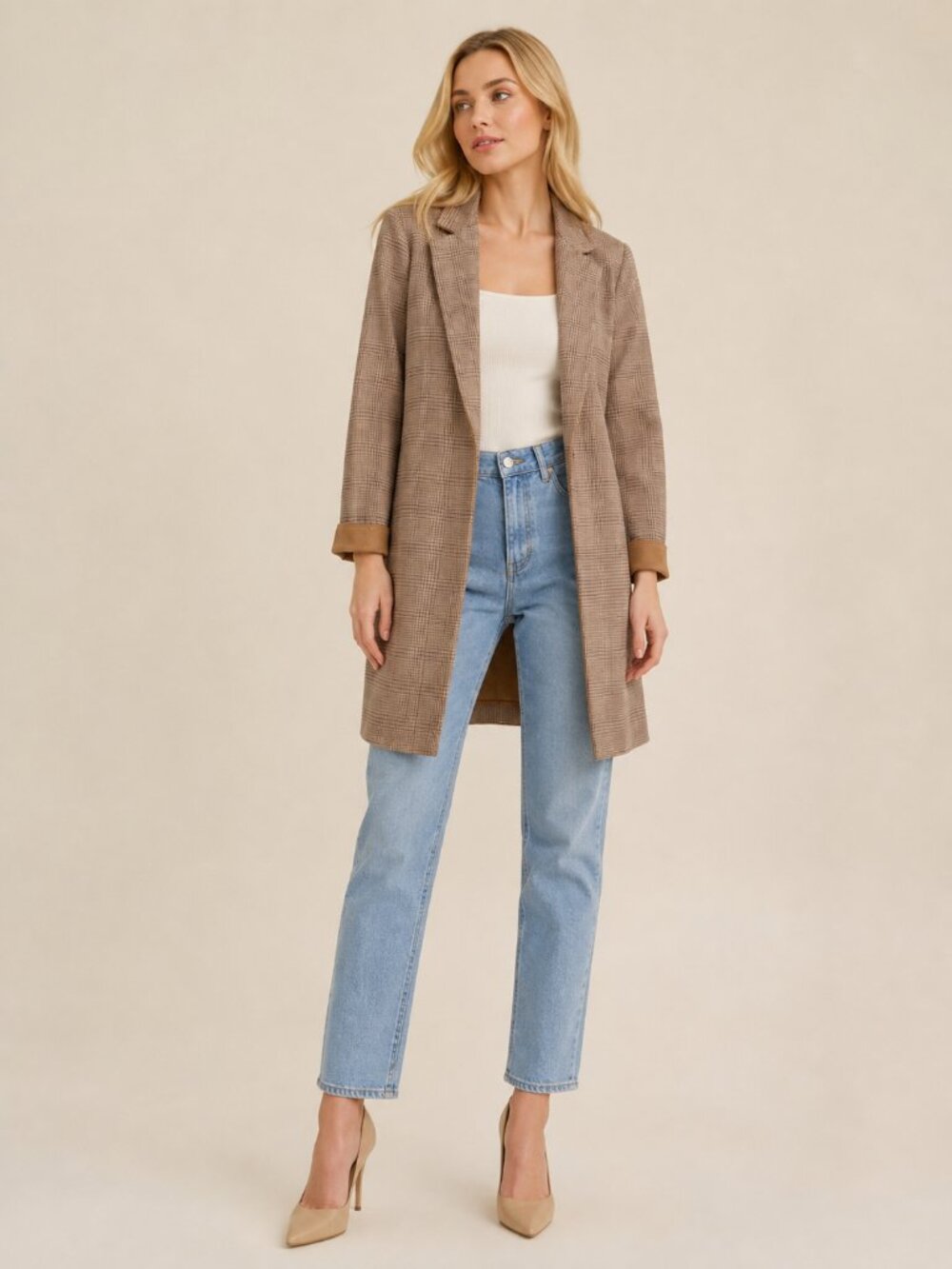 Pottter's Pot Glen Plaid Brushed Open Front Trench Coat Khaki Camel Small #A4031